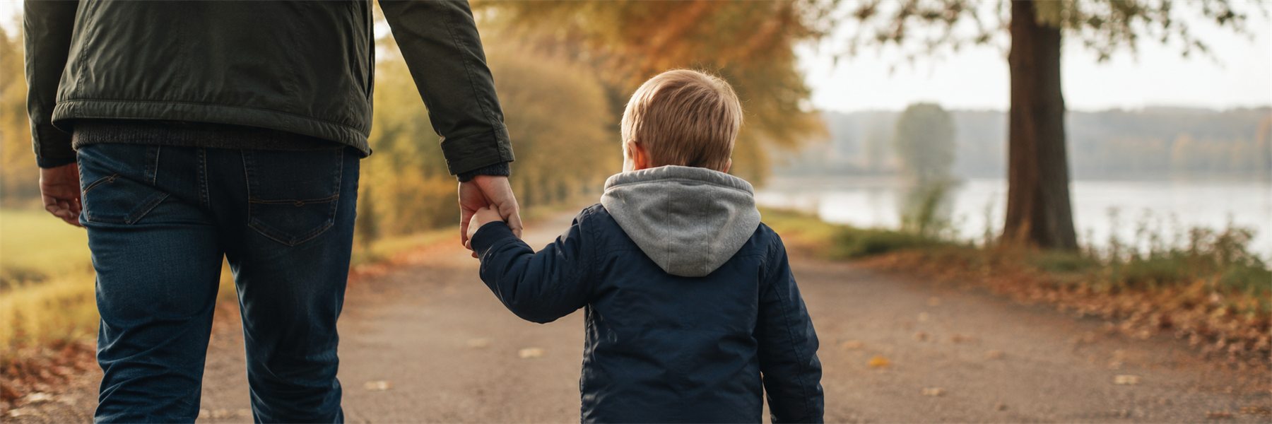 Ein Vater und sein Kind gehen an einem Herbsttag Hand in Hand einen Weg am Wasser entlang.