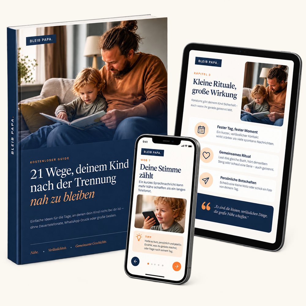 Der Guide „21 Wege, deinem Kind nach der Trennung nah zu bleiben“ als PDF auf Tablet und Smartphone.